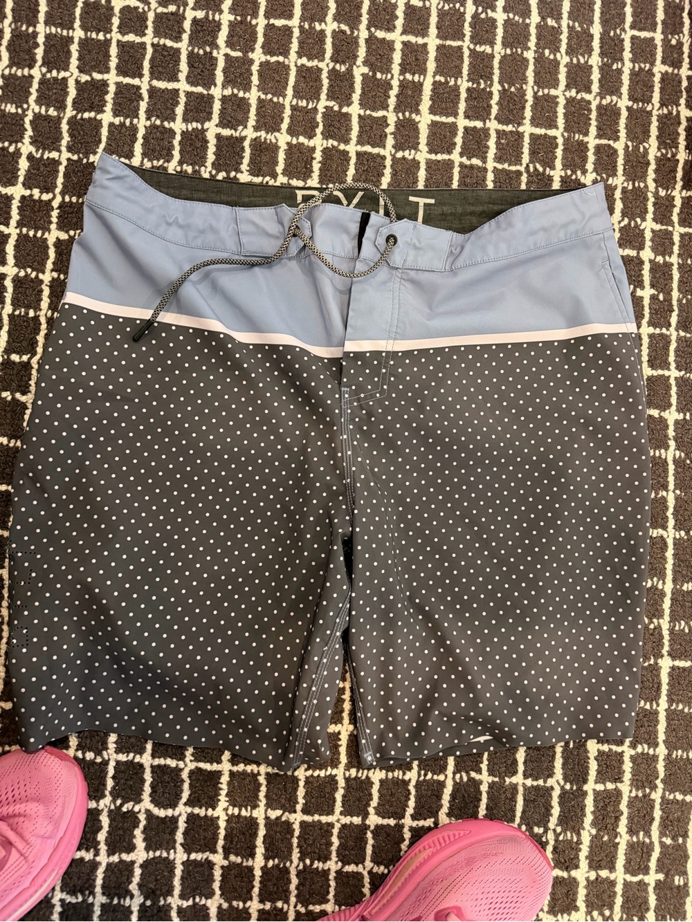 BYLT Basics Gray Polka Dot Swim Board Shorts with Light Blue Waist
